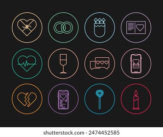 Set line Burning candle, Mobile with heart, Quiver arrows, Wine glass, Heart rate, Candy shaped box, Like and Wedding rings icon. Vector