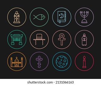 Set line Burning candle, Monk, Holy book of Koran, Orthodox jewish hat with sidelocks, Japan Gate, Church pastor preaching, Cross ankh and Christian fish icon. Vector