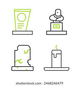 Set line Burning candle, Old grave with tombstone, Grave and  icon. Vector