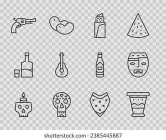 Set line Burning Kerze auf einem Schädel, mexikanische Drum, Burrito, Revolver Pistole, Gitarre, Poncho und Aztec Maske Symbol. Vektorgrafik