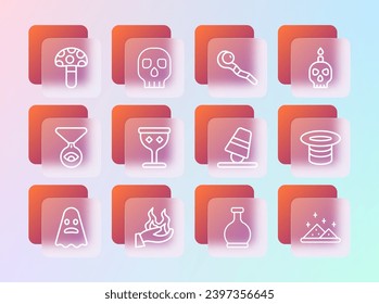 Set line Burning candle on skull, Hand holding fire, Game thimbles, Bottle with potion, Medieval goblet, Magic staff, Psilocybin mushroom and Skull icon. Vector