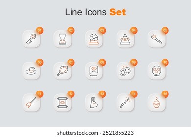 Set line Burning candle on skull, Magic wand, Rabbit with ears, scroll, Witches broom, Skull, Handcuffs and Ancient magic book icon. Vector