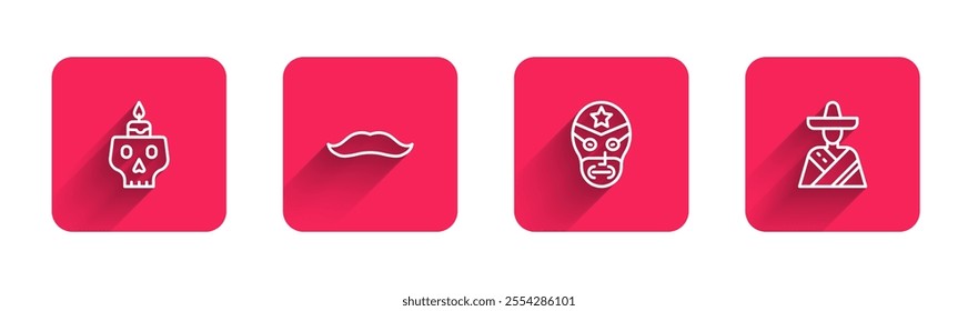 Set line Burning candle on a skull, Mustache, Mexican wrestler and man sombrero with long shadow. Red square button. Vector