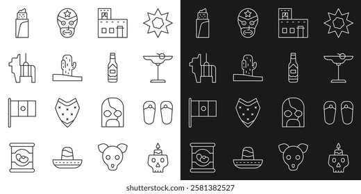 Set line Burning candle on a skull, Flip flops, Margarita cocktail, Mexican house, Cactus, Pinata, Burrito and Tabasco sauce icon. Vector