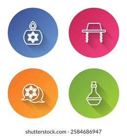 Set line Burning candle, Orthodox jewish hat, Star of David and Jewish wine bottle. Color circle button. Vector