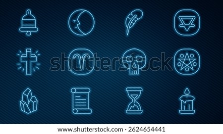 Set line Burning candle, Pentagram circle, Feather pen, Aries zodiac, Christian cross, Ringing alarm bell, Skull and Moon icon. Vector