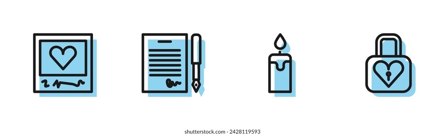 Set line Burning candle, Photo frames hearts, Marriage contract and Lock icon. Vector