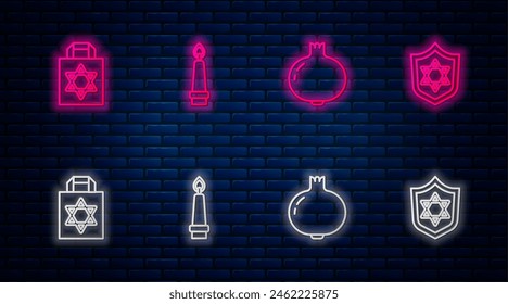 Set line Burning candle, Pomegranate, Shopping bag with star of david and Shield Star David. Glowing neon icon on brick wall. Vector