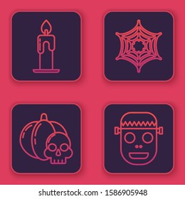 Set line Burning candle , Pumpkin and skull , Spider web  and Zombie mask . Blue square button. Vector