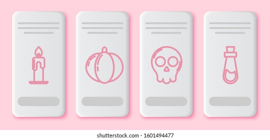 Set line Burning candle , Pumpkin , Skull  and Bottle with potion . White rectangle button. Vector