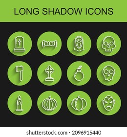 Set line Burning candle, Pumpkin, Tombstone with cross, Vampire, Skull and Bomb ready explode icon. Vector