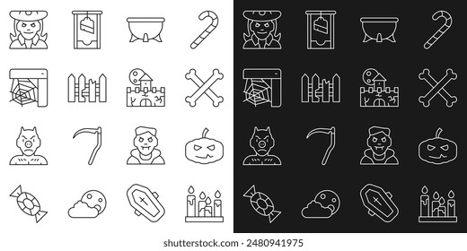 Set line Burning candle, Pumpkin, Crossed bones, Halloween witch cauldron, Garden fence wooden, Spider web, Witch and Castle, fortress icon. Vector