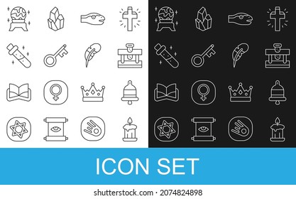 Set line Burning candle, Ringing alarm bell, Bottle with potion, Snake, Old key, Magic ball and Feather pen icon. Vector