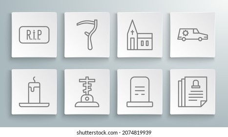 Set line Burning candle, Scythe, Grave with cross, tombstone, Death certificate, Church building, Hearse car and Speech bubble rip death icon. Vector