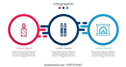 Set line Vela ardiente, Palos de esquí y Chimenea interior. Plantilla de infografía de negocios. Vector
