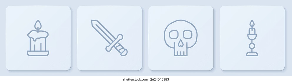 Set line Burning candle, Skull, Medieval sword and . White square button. Vector