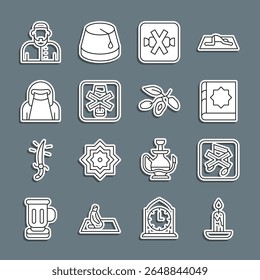 Set-Linie Brennende Kerze, Lautsprecher stumm, Heiliges Buch des Korans, Keine Süßigkeiten, Alkohol, muslimische Frau Niqab, und Datum Frucht-Symbol. Vektorgrafik