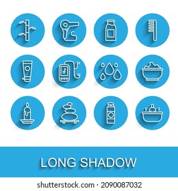 Set line Burning candle, Stack hot stones, Bamboo stems with leaves, Cream or lotion cosmetic tube, Bathtub, Music player, Sea salt bowl and Water drop icon. Vector