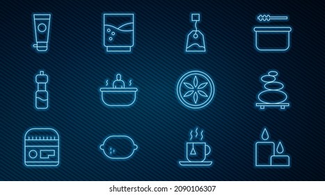 Set line Burning candle, Stack hot stones, Tea bag, Bathtub, Bottle of water, Cream or lotion cosmetic tube, Leaf plant nature and Glass with icon. Vector