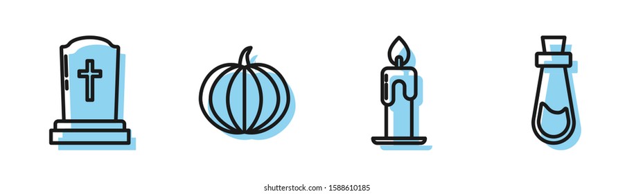 Set line Burning candle , Tombstone with cross , Pumpkin  and Bottle with potion  icon. Vector