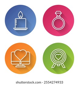 Set line Burning candle, Wedding rings, Computer monitor with heart and Heart in the center of darts target aim. Color circle button. Vector