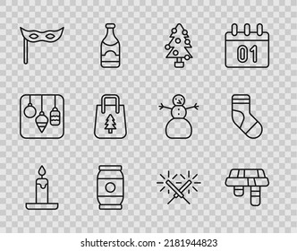 Set line Burning candle, Winter scarf, Christmas tree, Beer, Festive mask, shopping bag, Sparkler firework and stocking icon. Vector