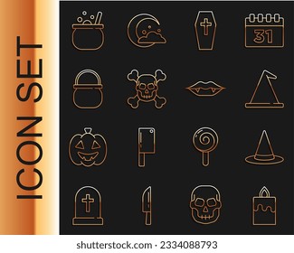 Set line Burning candle, Witch hat, Coffin with cross, Skull on crossbones, Halloween witch cauldron,  and Vampire teeth icon. Vector