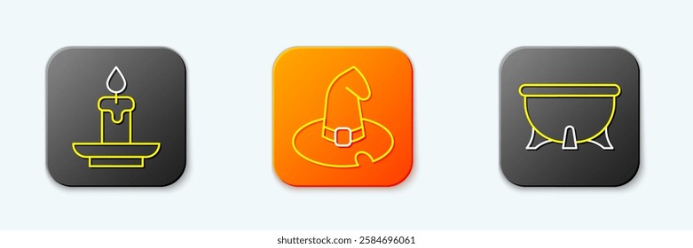 Set line Burning candle, Witch hat and Halloween witch cauldron icon. Vector