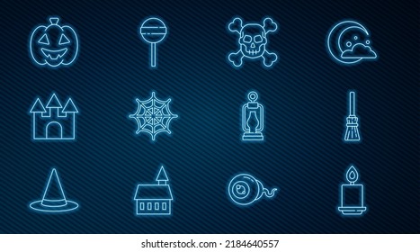 Set line Burning candle, Witches broom, Skull on crossbones, Spider web, Castle, Pumpkin, Camping lantern and Lollipop icon. Vector