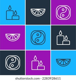 Set line Burning candle, Yin Yang and Citrus fruit icon. Vector