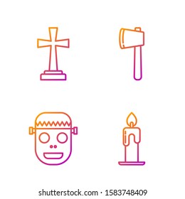 Set line Burning candle , Zombie mask , Tombstone with cross  and Wooden axe . Gradient color icons. Vector