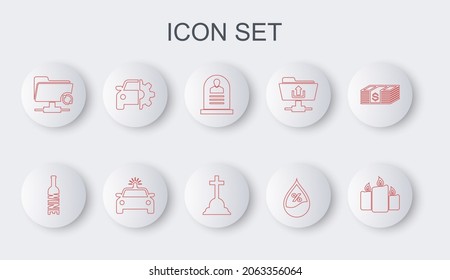 Set line Burning candles, Bottle of wine, Tombstone with RIP written, Water drop percentage, FTP sync refresh, Car service, Police car flasher and cross icon. Vector