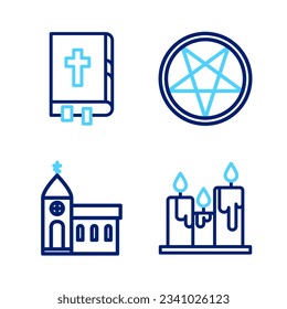 Set line Burning candles, Church building, Pentagram circle and Holy bible book icon. Vector