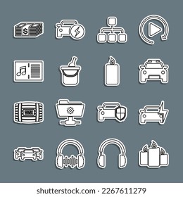 Set line Burning candles, Electric car, Police flasher, Hierarchy organogram chart, Bottle of wine bucket, Music book with note, Paper money dollars cash and  icon. Vector