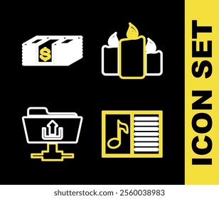 Set line Burning candles, Music book with note, FTP folder upload and Paper money dollars cash icon. Vector