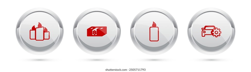 Set line Burning candles, Paper money dollars cash,  and Car service. Silver circle button. Vector