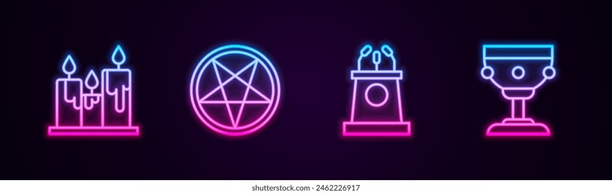 Set line Burning candles, Pentagram circle, Stage stand or tribune and Christian chalice. Glowing neon icon. Vector