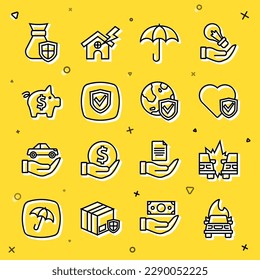 Set line Burning car, Car accident, Life insurance with shield, Umbrella, Shield, Piggy bank, Money bag and world globe icon. Vector