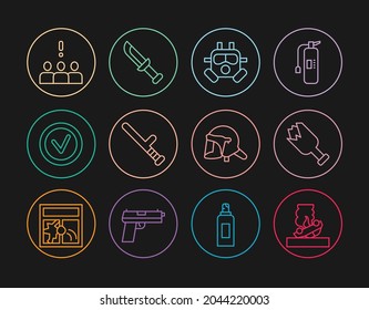 Set line Burning car, Broken bottle as weapon, Gas mask, Police rubber baton, Check mark round, Crowd protest, helmet and Military knife icon. Vector