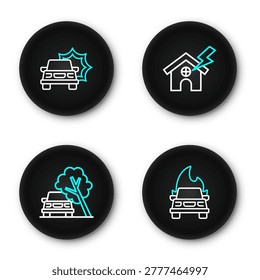 Set line Burning car, Car damaged by fallen tree, House and lightning and accident icon. Vector