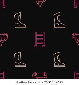 Set line Burning car, Fire boots and escape on seamless pattern. Vector
