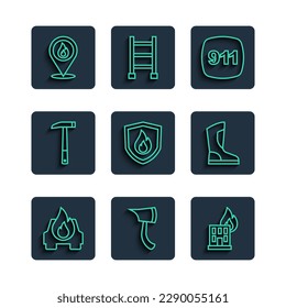 Set line Burning car, Firefighter axe, burning building, Emergency call 911, protection shield, Location with fire flame and boots icon. Vector