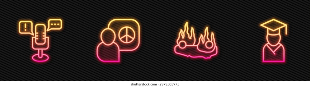 Set line Burning car, Freedom of speech, Peace talks and Graduate and graduation cap. Glowing neon icon. Vector