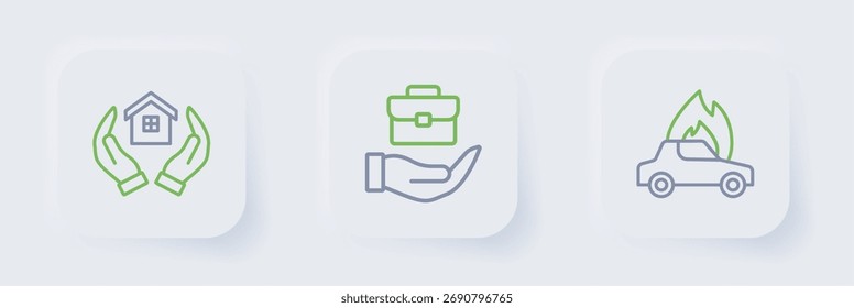 Set Linie Brennendes Auto, Hand hält Aktentasche und Haus Hand Symbol. Vektorgrafik