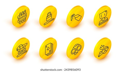 Juego de línea Coche en llamas, Esposas, Tarjetas de juego, Robo de coches, Secuestro, Cóctel molotov, Púas de bloqueo para la selección de bloqueo e Icono de reloj de cronómetro de dinamita. Vector