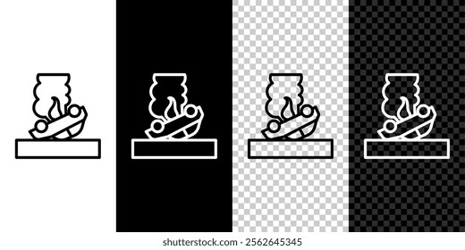 Set line Burning car icon isolated on black and white background. Car on fire. Broken auto covered with fire and smoke.  Vector
