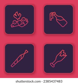 Set line Burning car, Marijuana joint, Cocktail molotov and Broken bottle as weapon. Blue square button. Vector