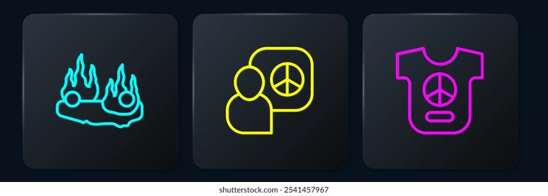 Set line Burning car, Peace and talks. Black square button. Vector