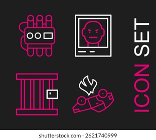Fije la línea Coche en llamas, ventana de la prisión, cartel buscado e icono de reloj de dinamita y temporizador. Vector