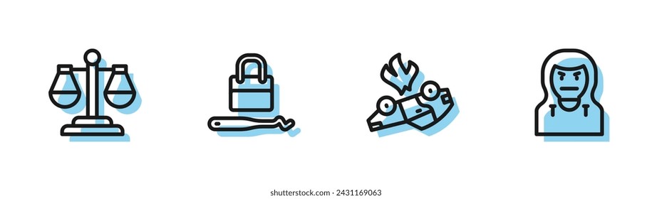 Set line Burning car, Scales of justice, Lock picks for lock picking and Thief mask icon. Vector